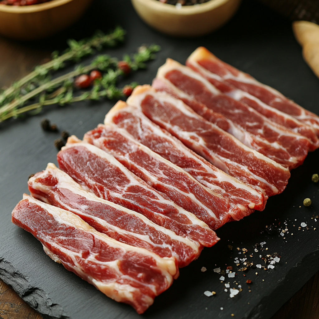 Raw beef steaks on a cutting board with salt and pepper