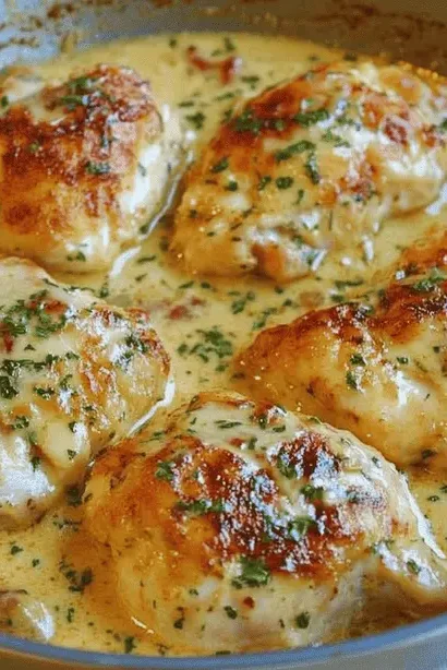 Golden brown chicken thighs smothered in a creamy gravy with parsley garnish