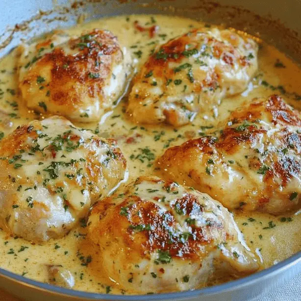 Golden brown chicken thighs smothered in a creamy gravy with parsley garnish