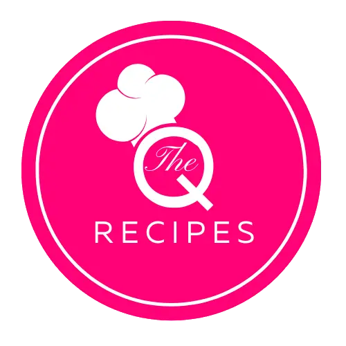 Pink circular cooking icon with a Q and chef hat motif