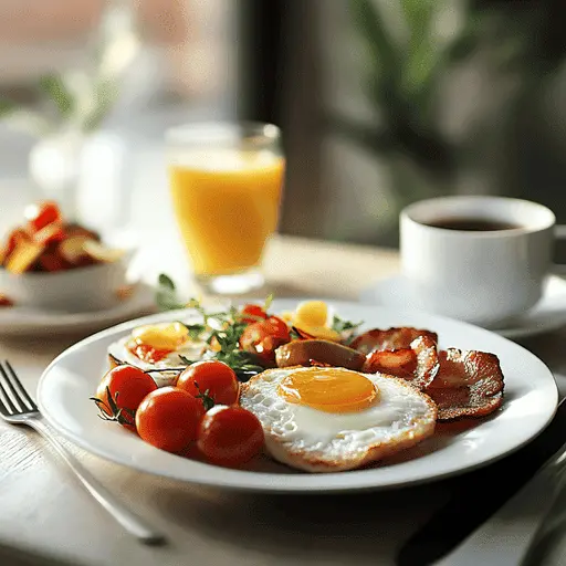 Sunny-side-up eggs with toasted bread and cherry tomatoes on a breakfast plate