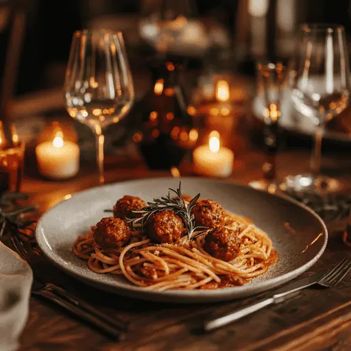 Spaghetti and meatballs in a cozy candlelit setting