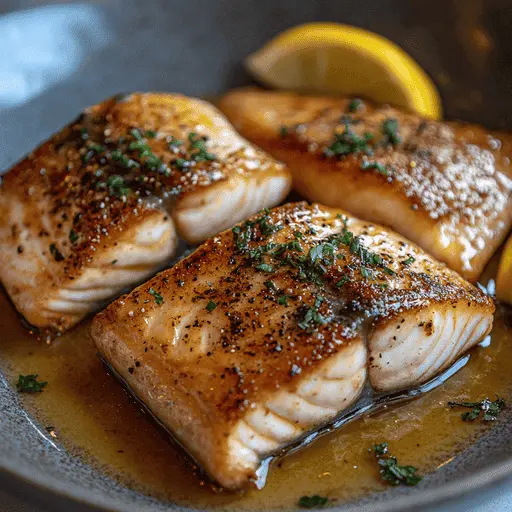 Seasoned fish fillets ready to bake, topped with lemon slices