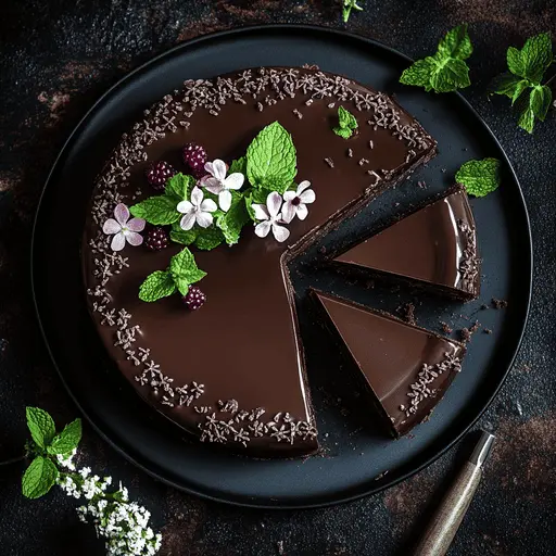 A decadent chocolate cake sliced to reveal a moist interior and garnished with fresh mint.