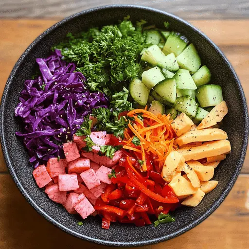 Colorful chopped vegetables including carrots, peppers, and onions in a bowl