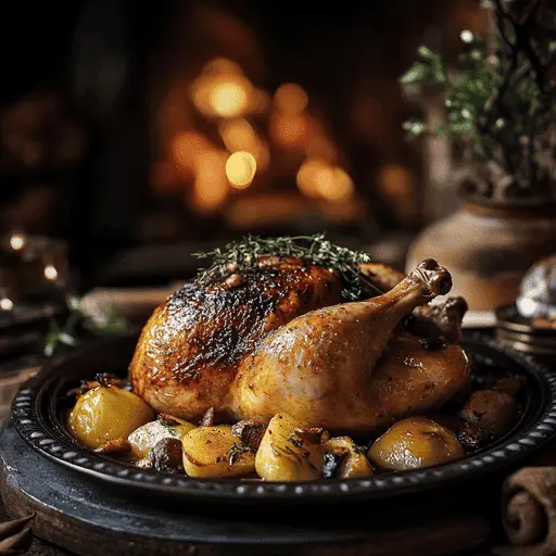 Golden-brown chicken roasting in a pan with vegetables